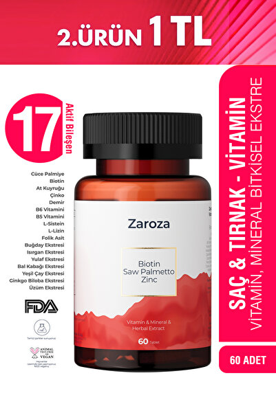 ZAROZA Saç Vitamini Biotin, Çinko, Demir, Saw Palmetto, B5, B6 Vitamin-Minera...
