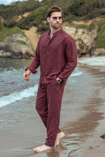 Madmext Burgundy Relaxed Fit Linen Men's Shirt and Trousers Set E7362
