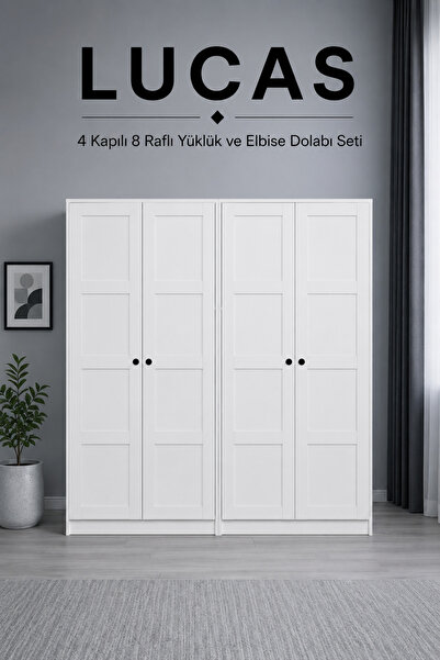 midoser Lucas 4 Kapaklı 8 Raflı Yüklük ve Elbise Dolabı Seti - Mat Beyaz