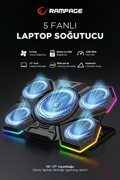 Rampage Addison Rampage AD-RC13 BELLATRIX Siyah 5 Fan 2 USB RGB Işıklı 15"-17...