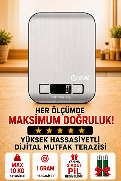 bydiz Dijital Mutfak Terazisi 10 Kg 1 Gr Hassas Mutfak Tartısı Paslanmaz Çeli...
