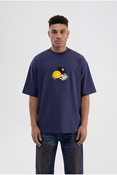 Machinist Tricou oversize brodat cu minge de biliard pentru bărbați, albastru...