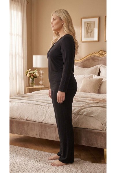 Eyfuze Women's Plus Size Patterned Collared Buttoned Long Sleeve Bamboo Pajama Set