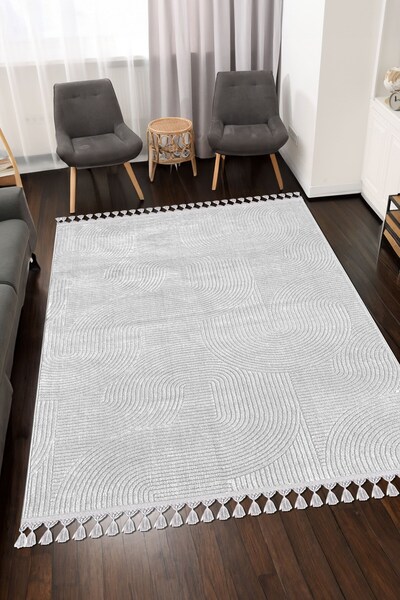 Valery Home Merinos Rölyef Joy Gri Kaymaz Taban Kesme Halı Yolluk Pon Pon