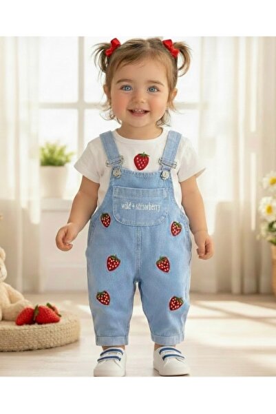 Strawberry Embroidery Knitted Jeans Fabric Dungaree and Strawberry Printed T-Shirt 2pcs Set