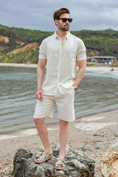 Madmext Ecru Linen Look Relax Fit Men's Shirt Shorts Set E7364