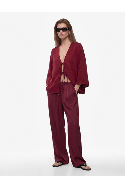 Koton Aerobin Fabric Front Tie Detailed Long Wide Sleeve Bow Blouse