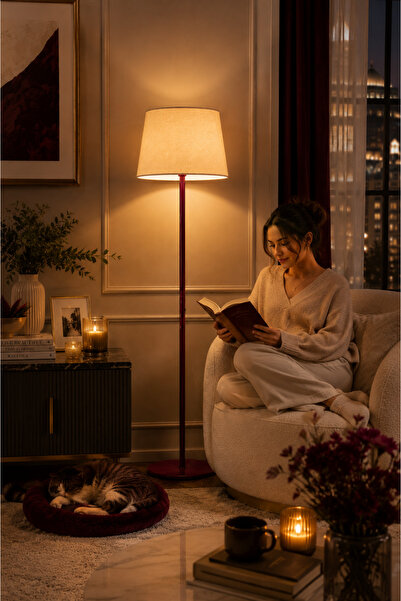 Luna Lighting Lucca Model Vişne Metal Ayaklı Bohem Lambader Kumaş Başlıklı Salon Yatak Odası Köşe Aydınlatma