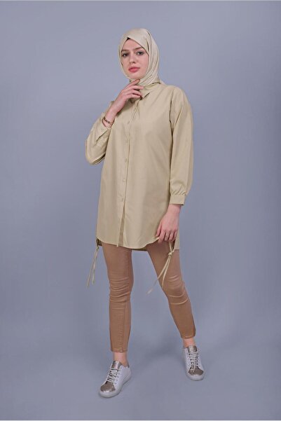 TRENDTESETTÜR KADIN KAHVE (CAMEL) DÜĞMELİ BAĞCIK DETAYLI PAMUKLU TUNİK 602