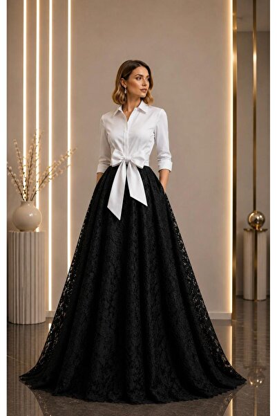 SERAVENZA COUTURE Maxi Boy Eteği Dantel Detaylı Seyyar Kuşaklı Şık Gömlek Elb...