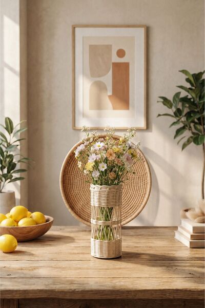 Akanart Studio Rattan Covered Vase – Handwoven Wicker Flower Vase