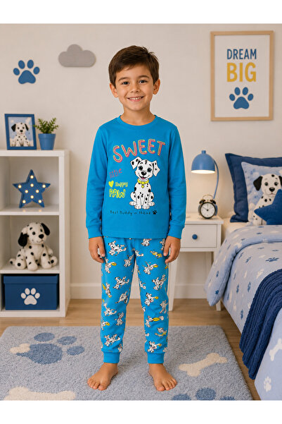 elmas kids Σετ πιτζάμες για αγόρια 100% βαμβακερό χτενισμένο ύφασμα μπλε με σ...