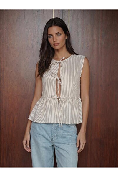 WeShaya Biscuit Cotton Polyester Woven Tie-Front Sleeveless Blouse with Tie D...