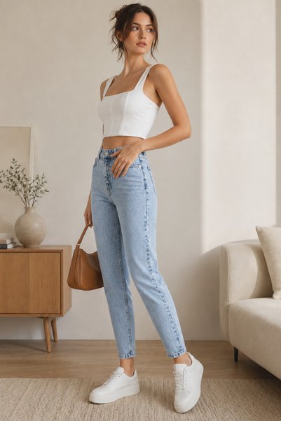WODDİ Kadın Jeans Buz Mavi Kar Yıkama Mom Jeans Yüksek Bel Denim Kot Pantolon