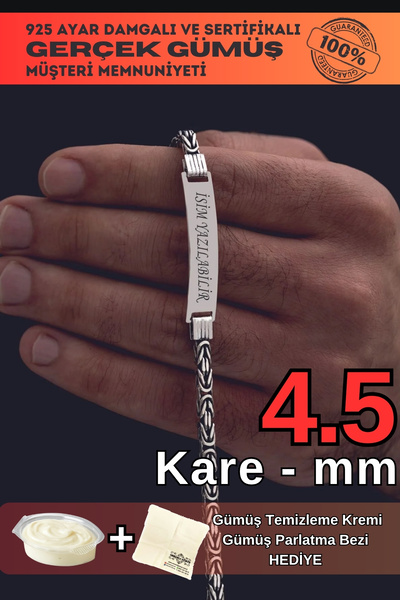 OSMANLI GÜMÜŞ Erkek Gümüş Bileklik - İsim Yazı Yazılabilir 4.5 mm Kare kral G...