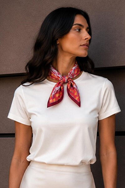AFVENTE Eiffel Flower Pattern Coral-Burgundy Soft Bandana Scarf 50X50 cm