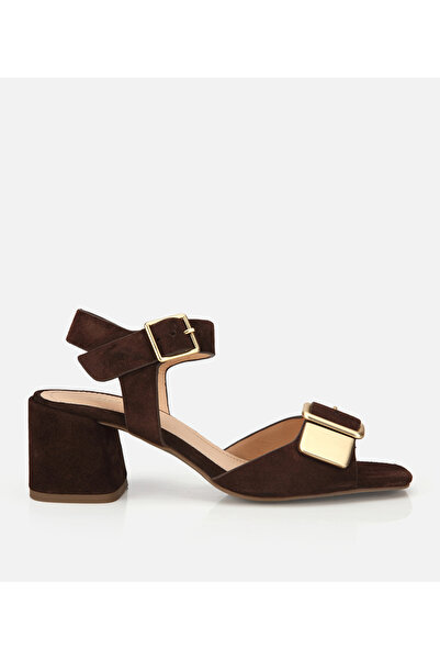 Hotiç Women's Suede Leather Brown Gold Detailed Strappy Heeled Sandals