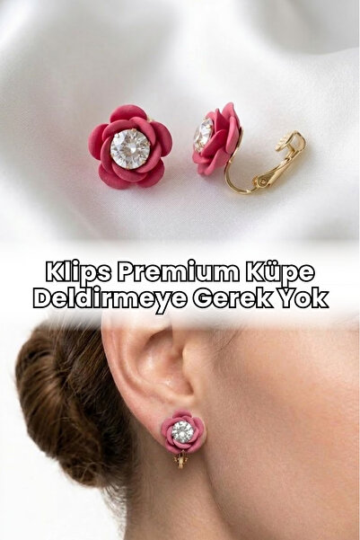 Elifsu Jewelry Klips Küpe Gül Tasarımlı Zirkon Taşlı Deliksiz Küpe Premium Ta...