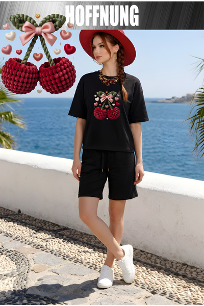 HOFFNUNG UNISEX Καθημερινό Σετ με Κοντά Μανίκια και Σχέδιο με 2 Κεράσια, για ...