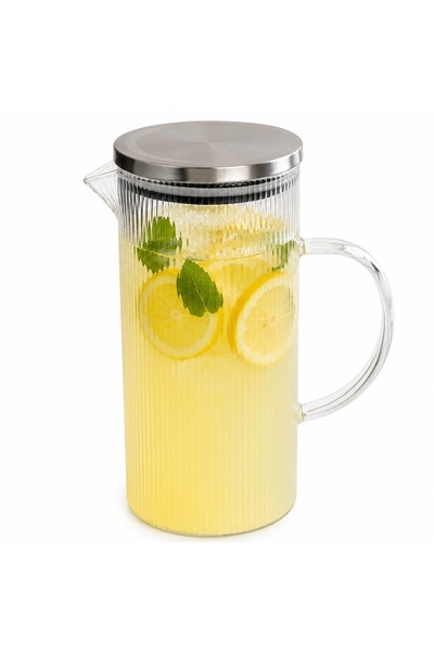 PUFO Elegant Carafa Line glass carafe for water, lemonade, or juice, metal li...