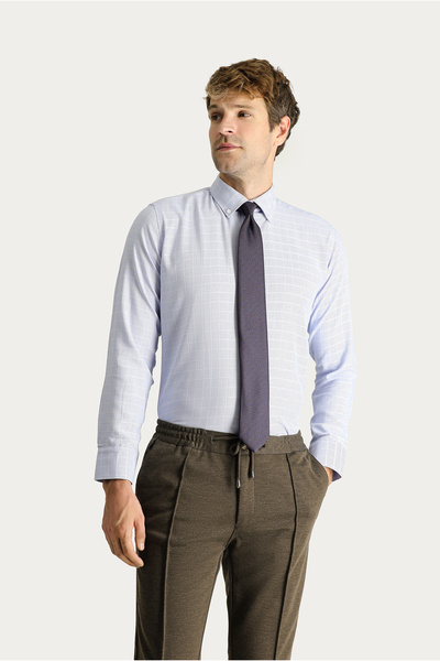 Kiğılı Uzun Kol Slim Fit Dar Kesim Non Iron Kareli Pamuklu Gömlek