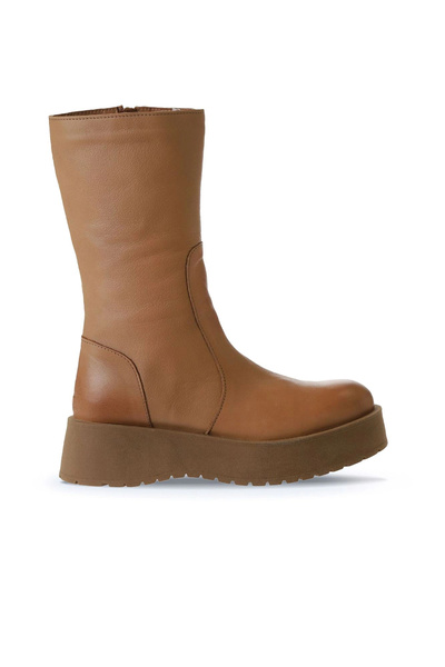 Bueno Shoes Γυναικείες δερμάτινες μπότες με τακούνι σε ανοιχτό ταμπά χρώμα 01...
