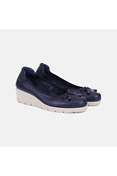 Desa Women's Navy Blue Desacomfort Bowknot Wedge Heeled Leather Ballerinas