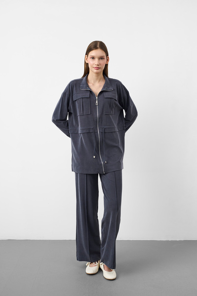 Basicpark Navy Blue Tencel Flowy Texture Adjustable Waist Pre-Stitched Jacket...