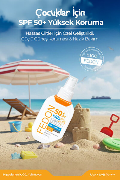 fedon Kids SPF 50 Çocuk Bebek Güneş Kremi 100 ml Suya Dayanıklı Hipoalerjenik Parfümsüz Göz Yakmayan