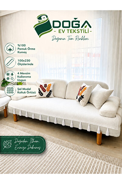 Genel Markalar Püsküllü Şal Model Beyaz Koltuk Örtüsü 100x230 | %100 Pamuk Ör...