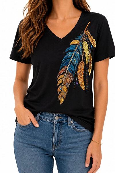 Bİ.GİYSEN Women's Black V-Neck Shoulder Feather Embroidered 100% Cotton Combe...
