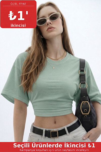 COMBİNE MİCHAİL Kadın Basic Bel Detaylı Çağla Crop Bluz