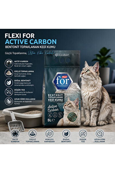 FlexiFor Aktif Karbonlu Bentonit Topaklanan Premium Kedi Kumu 5 L - Tozsuz - Ultra Koku Emici