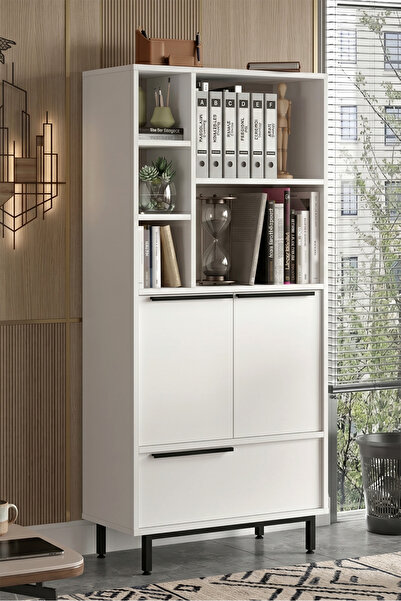 Yurudesign Ocean Ofis Klasör Dolabı Kitaplık 3 Kapaklı Metal Ayaklı Beyaz On9b-w