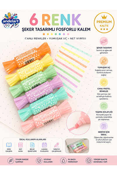 andelart Sweet Candy - Şeker Şekilli Fosforlu Kalem Seti - Çift Taraflı 6 Ren...