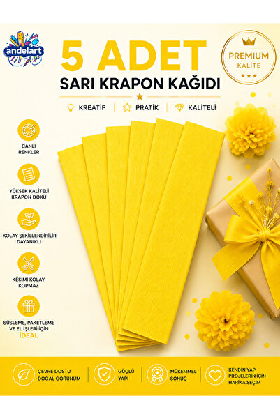 andelart Sarı Krapon Kağıdı 50x200 cm 5 Adet Sarı Grapon Kağıdı Okul Sınıf Et...