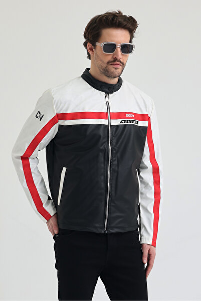 CHOS7N Jachetă din piele pentru bărbați, cu fermoar, cu dungi – stil sport și...