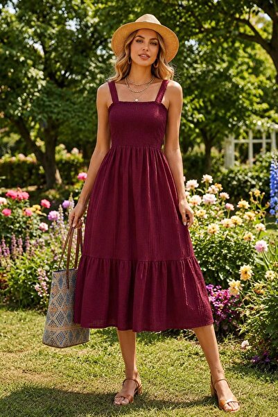Varyete Women's Strappy Elastic Flared Dress Made of Wrinkled Fabric, Suitabl...
