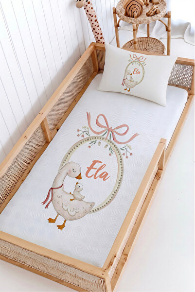 Lilabio %100 Pamuk İsme Özel Montessori Yatak Pike Seti 100x200 Anne Yavru Ördek