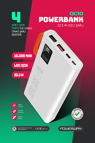 POWERWAY 10.000 Mah Pd 22.5W Dahili Kablolu Hızlı Şarj Led Fener Gerçek 10.00...