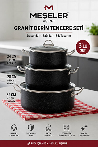 MEŞELER GRANİT TENCERE SETİ 6 PARÇA XL AŞİRET BOY (24-28-32 CM)