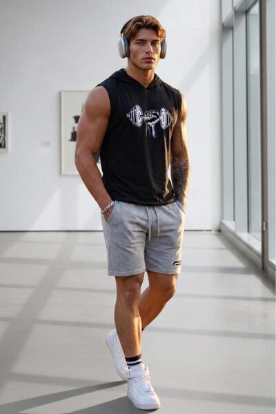 NO 601 Men's Black Dumbel Printed Hooded Tank Top Gray Combed Cotton Hook Pri...