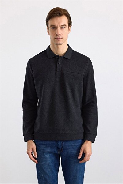 SÜVARİ Siyah Regular Düz Polo Yaka Sweatshirt