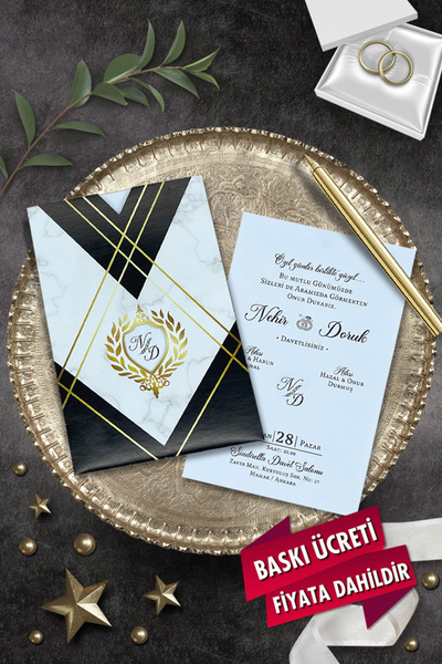 Cem Davetiye Düğün Nişan Nikah Kına Davetiyesi 7057 (100 ADET) Baskı Dahil