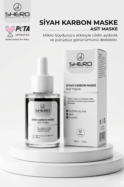 Shero Cosmetic Siyah Karbon Asit Maske 30 ml AHA BHA Enzim İçerikli Mikro Pee...