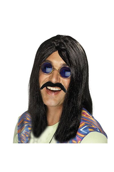 partidolu Retro Gösteri Düz Siyah Renk Uzun Rock Peruğu ve Bıyığı Çocuk Boy 6...