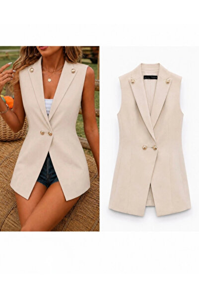 Butik Women's Gold Buttoned Blazer Collar Jacket