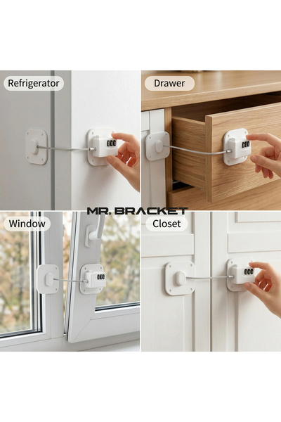 MR.BRACKET Adhesive Baby Safety Lock with Password Steel Rope White Window Furniture Drawer Oven Door Lock