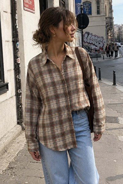 Madmext Khaki Basic Square Patterned Women's Shirt Mg2828