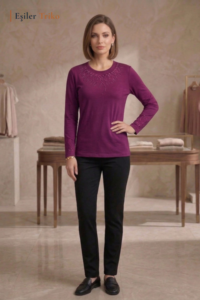 Eşiler Triko Women's Burgundy Spring Cluster Pattern Collar and Sleeves Embroidered, Stoned Mother Combed Cotton Blouse